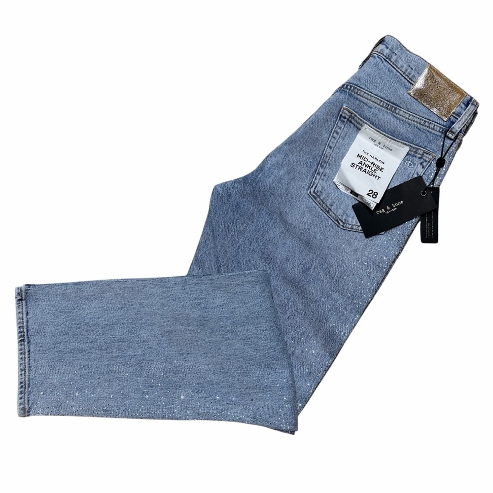 Rag & Bone The Harlow Mid Rise Ankle Straight Jean 28 Lyra w/ Jewel Rhinestones